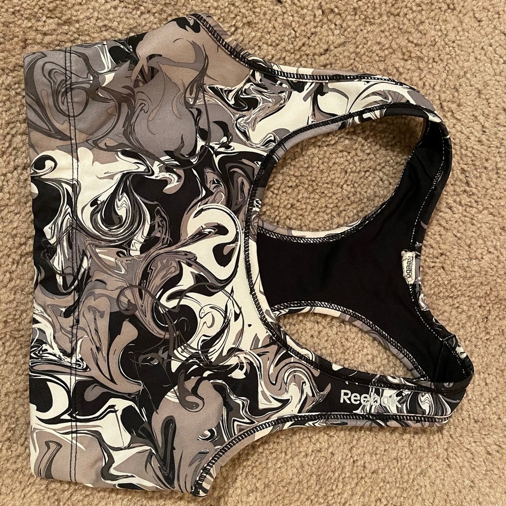 Reebok black/gray/white marbled halter sports bra